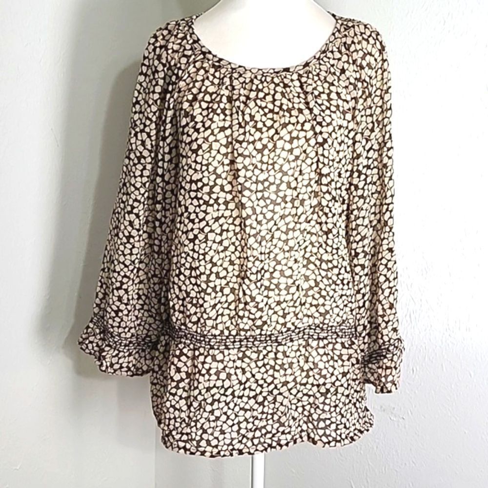 Jennifer & Grace Brown & White Print Top, Black Threaded Accents, Size Large